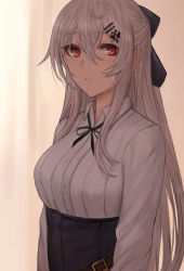 1girl blush breasts closed_mouth collared_shirt girls&#039;_frontline hair_between_eyes hair_ornament hairclip highres iws_2000_(girls&#039;_frontline) large_breasts long_hair long_sleeves looking_at_viewer red_eyes selcky shirt sidelocks silver_hair solo upper_body white_shirt