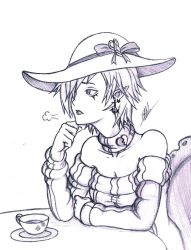 Rule 34 | 10s, 1girl, alternate costume, artist request, elf, hat, isaki tanaka, magiquone, monochrome, neptune (series), pointy ears, sigh, sketch, solo, source request, table, tea
