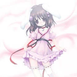 Rule 34 | 1girl, :3, adapted costume, animal ears, black hair, brown eyes, clothes lift, detached sleeves, female focus, hair bobbles, hair ornament, inaba tewi, izumi yukiru, light smile, looking at viewer, puffy sleeves, rabbit ears, ribbon, short hair, short sleeves, skirt, skirt lift, solo, thighhighs, touhou, white thighhighs