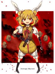 Rule 34 | 1girl, absurdres, armor, black legwear, blonde hair, character name, double bun, elbow gloves, from above, gloves, hair bun, hair ribbon, haniwa (statue), highres, holding, holding weapon, joutouguu mayumi, looking up, neruzou, open mouth, puffy short sleeves, puffy sleeves, red ribbon, ribbon, short hair, short sleeves, tools, touhou, weapon, white ribbon
