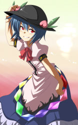 Rule 34 | 1girl, alternate hair length, alternate hairstyle, blue hair, bow, bowtie, face, female focus, food, fruit, hand on own head, harusame (unmei no ikasumi), hat, hinanawi tenshi, peach, red eyes, short hair, smile, solo, touhou