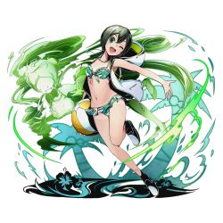 Rule 34 | 10s, 1girl, ball, beachball, bikini, carrying, carrying under arm, collarbone, divine gate, frilled bikini, frills, full body, green bikini, green eyes, green hair, holding, holding ball, hood, hooded jacket, jacket, jewelry, necklace, official art, one eye closed, open clothes, open jacket, open mouth, outstretched arm, shadow, shoes, short hair, solo, swimsuit, tan, transparent background, ucmm, unzipped, white footwear, white jacket