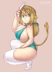 Rule 34 | 1girl, animal ears, blonde hair, blue eyes, breasts, female focus, highres, horns, huge breasts, iveo, long hair, mask, shiny skin, skindentation, smile, solo, squatting, tail, thighs, white legwear