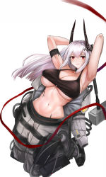 Rule 34 | 1girl, arknights, armband, armpits, arms up, bare arms, bare shoulders, black collar, blush, breasts, cleavage, collar, commentary, crop top, grey pants, hair between eyes, hammer, highres, horns, infection monitor (arknights), large breasts, long hair, looking at viewer, material growth, midriff, mudrock (arknights), mudrock (elite ii) (arknights), navel, oripathy lesion (arknights), pants, parted lips, red eyes, silver hair, simple background, smile, solo, sports bra, stomach, underboob, white background, ytoy