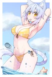 Rule 34 | 1girl, absurdres, animal ears, armpits, bare arms, bare shoulders, bikini, blue sky, blush, cat ears, cat girl, cat tail, closed mouth, cloud, commentary request, day, grey hair, groin, hair between eyes, hair tie, hair tie in mouth, highres, mouth hold, navel, original, ryota tentei, side-tie bikini bottom, sky, solo, standing, swimsuit, tail, tying hair, water, yellow bikini, yellow eyes