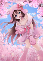 Rule 34 | 1girl, alternate hairstyle, animal ear headphones, animal ears, animal hands, aqua eyes, aqua ribbon, artist name, artist request, bare legs, bear ears, blue eyes, blue sky, blush, bow, braid, breasts, brown hair, center frills, cleavage, cloud, collared dress, day, dress, dress bow, fake animal ears, female focus, floating hair, fluffy-wuffy shizu-bear (love live!), frilled skirt, frills, gloves, hair between eyes, hair ornament, hair ribbon, hair scrunchie, headphones, heart, heart hair ornament, high heels, lace, lace-trimmed dress, lace trim, leg warmers, long hair, looking at viewer, love live!, love live! nijigasaki high school idol club, love live! school idol festival, love live! school idol festival all stars, miniskirt, osaka shizuku, outdoors, parted lips, paw gloves, pearl hair ornament, petals, pink petals, plaid, plaid dress, plaid skirt, pleated, pleated dress, pleated skirt, pom pom (clothes), purple bow, purple dress, purple footwear, purple ribbon, purple scrunchie, purple skirt, reaching, reaching towards viewer, ribbon, scrunchie, single braid, skirt, sky, small breasts, smile, solo, twintails, wavy hair, white bow