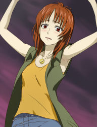 Rule 34 | 1girl, armpits, arms up, blush, breasts, brown hair, denim, futari wa precure, haruyama kazunori, jeans, jewelry, koyama shouko, looking at viewer, necklace, open mouth, pants, precure, red eyes, red hair, short hair, solo
