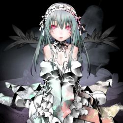 Rule 34 | 00s, 1girl, bare shoulders, highres, kakashichi, long hair, red eyes, rozen maiden, sitting, solo, suigintou, wings