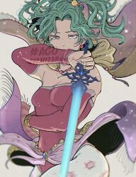 Rule 34 | 1girl, arm under breasts, bare shoulders, blue eyes, breasts, cape, cleavage, cowboy shot, dated, detached sleeves, earrings, fighting stance, final fantasy, final fantasy vi, green hair, hair bobbles, hair ornament, hair ribbon, highres, holding, holding sword, holding weapon, jewelry, leotard, long hair, medium breasts, parted bangs, ponytail, red leotard, red sleeves, ribbon, sharp na ago, solo, strapless, strapless leotard, sword, thighs, tina branford, twitter username, waist sash, wavy hair, weapon, yellow cape