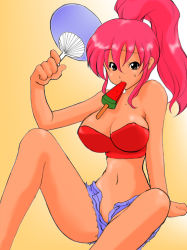 Rule 34 | 1girl, breasts, hand fan, food, fruit, highres, large breasts, ponytail, rai on (abc3639), red hair, solo, watermelon