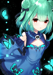 Rule 34 | 1girl, absurdres, animal, bare shoulders, black bow, blue dress, blue sleeves, bow, bug, butterfly, commentary request, detached sleeves, double bun, dress, frilled dress, frills, green hair, hair between eyes, hair bow, hair bun, hair ornament, highres, hololive, insect, juliet sleeves, long sleeves, looking at viewer, parted lips, puffy sleeves, red eyes, signature, skull hair ornament, sleeveless, sleeveless dress, solo, uchuuneko, uruha rushia, uruha rushia (1st costume), virtual youtuber, wide sleeves