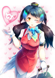 Rule 34 | 10s, 1girl, ;d, absurdres, bag, bird tail, black hair, blue hair, bow, bowtie, commentary request, gloves, green hair, hand up, hat, head wings, heart, highres, japari symbol, kanzakietc, kemono friends, long hair, looking at viewer, multicolored hair, one eye closed, open mouth, passenger pigeon (kemono friends), smile, solo, tail, white gloves, wings