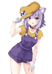 Rule 34 | 1girl, absurdres, animal ear fluff, animal ears, cat ears, cosplay, gloves, hand on own thigh, hat, highres, hololive, looking at viewer, nekomata okayu, nintendo, open mouth, overalls, purple eyes, purple hair, shirt, short hair, short sleeves, simple background, smile, solo, takashina taaa, thighs, virtual youtuber, wario, wario (cosplay), warioware, white background, white gloves, yellow hat, yellow shirt