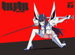 Rule 34 | 1girl, black eyes, black hair, bodysuit, boots, breasts, copyright name, covered mouth, gloves, high heel boots, high heels, highres, hime cut, holding, holding sword, holding weapon, horns, j adsen, kill la kill, kiryuuin satsuki, large breasts, long hair, looking at viewer, mask, mouth mask, on one knee, red background, revealing clothes, scabbard, sheath, signature, simple background, solo, sword, thick eyebrows, thighhighs, unsheathed, very long hair, weapon, white gloves