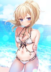 1girl beach bikini blonde_hair blue_eyes blue_sky blush breasts celestine_(letmebid) closed_mouth cloud collarbone commission cowboy_shot cross-shaped_pupils day highres horizon long_hair looking_at_viewer medium_breasts miyahana_yu_(artist) navel ocean original outdoors ponytail skeb_commission sky solo star_(symbol) swimsuit symbol-shaped_pupils