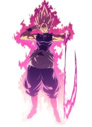 Rule 34 | 1boy, abs, aura, bad id, bad twitter id, baggy pants, black pants, black shirt, boots, clenched teeth, clothes down, commentary request, dragon ball, dragon ball super, earrings, energy sword, evil grin, evil smile, fingernails, full body, goku black, grin, hand on own face, hands up, highres, holding, holding weapon, jewelry, legs apart, looking at viewer, male focus, muscular, official style, pants, pectorals, pink hair, pink theme, potara earrings, ring, scythe, shaded face, shirt, simple background, smile, solo, spiked hair, standing, super saiyan, super saiyan rose, sword, tasaka shinnosuke, taut clothes, taut shirt, teeth, torn clothes, torn shirt, weapon, white background, white footwear, wristband