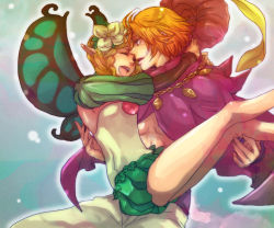 Rule 34 | 1boy, 1girl, 9wa, blonde hair, braid, butterfly wings, cape, closed eyes, couple, fairy, flower, hair flower, hair ornament, harem pants, hat, hat feather, hetero, hug, ingway (odin sphere), insect wings, long hair, looking at another, mercedes (odin sphere), odin sphere, pants, pointy ears, puff and slash sleeves, puffy shorts, puffy sleeves, sash, shorts, smile, twin braids, wings
