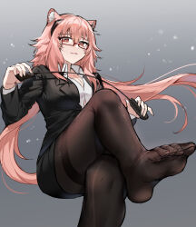 Rule 34 | 1girl, akitsuki (oenothera), animal ear fluff, animal ears, arknights, black jacket, black skirt, breasts, brown pantyhose, cleavage, collared jacket, collared shirt, commentary, commission, crossed legs, dress shirt, earpiece, feet, female focus, floating hair, foot focus, foot out of frame, foot up, foreshortening, from below, glasses, gradient background, gravel (arknights), grey background, hair between eyes, hands up, highres, holding, holding riding crop, invisible chair, jacket, large breasts, layered sleeves, long hair, long sleeves, looking at viewer, looking down, miniskirt, naughty face, open clothes, open jacket, pantyhose, parted lips, pink hair, pixiv commission, prairie dog ears, presenting, presenting foot, red-framed eyewear, red eyes, riding crop, see-through, see-through legwear, semi-rimless eyewear, shadow, shirt, simple background, sitting, skirt, smile, soles, solo, thighs, toenails, toes, variant set, very long hair, white shirt, wing collar