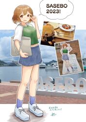 Rule 34 | 1girl, 2023, aaoi, bag, bandaid, bandaid on face, blue skirt, brown eyes, denim, denim skirt, full body, green shirt, highres, kantai collection, light brown hair, looking at viewer, oboro (kancolle), official alternate costume, photo background, photo inset, raglan sleeves, shirt, short hair, signature, skirt, smile, solo, translation request
