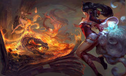 Rule 34 | 2girls, ahri (league of legends), alternate costume, alternate hair color, animal ears, bad id, bad pixiv id, blurry, breasts, depth of field, detached sleeves, dual persona, energy ball, fire, floating, fox ears, fox tail, from behind, korean clothes, league of legends, long hair, looking at another, miniskirt, multiple girls, multiple tails, off shoulder, rabbit (tukenitian), sketch, skirt, tail, thighs