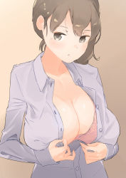 Rule 34 | 1girl, absurdres, bra, breasts, brown eyes, brown hair, buttons, cleavage, closed mouth, co botan, collarbone, collared shirt, grey shirt, hair between eyes, highres, kaga (kancolle), kantai collection, large breasts, long hair, long sleeves, pink bra, shirt, side ponytail, solo, underwear, upper body