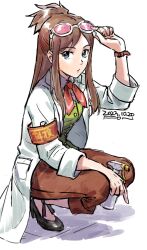 Rule 34 | 1girl, ace attorney, adjusting eyewear, aqua eyes, arm up, armband, black footwear, bottle, brown armband, brown hair, brown pants, buttons, capri pants, closed mouth, coat, collared shirt, dated, ema skye, ema skye (aa6), eyewear on head, fon-due (fonfon), green vest, half updo, high heels, lapels, long hair, looking at viewer, neckerchief, open clothes, open coat, pants, phoenix wright: ace attorney - spirit of justice, pink-tinted eyewear, print armband, red neckerchief, shirt, sidelocks, simple background, sleeves rolled up, solo, spray bottle, squatting, swept bangs, text print, tinted eyewear, vest, watch, white-framed eyewear, white background, white coat, wristwatch