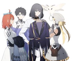 Rule 34 | 2boys, 2girls, ahoge, alternate hair color, artoria caster (fate), artoria caster (first ascension) (fate), artoria pendragon (fate), black gloves, black hair, black jacket, black pants, blanca (fate), blonde hair, blouse, blue eyes, blue flower, bracelet, bug, cape, cloak, collared shirt, crown, diamond hairband, dress, fate/grand order, fate (series), flower, fujimaru ritsuka (female), fujimaru ritsuka (female) (decisive battle chaldea uniform), fujimaru ritsuka (male), fujimaru ritsuka (male) (decisive battle chaldea uniform), fur-trimmed cloak, fur trim, gloves, green eyes, hair between eyes, hat, highres, holding, insect, jacket, jewelry, long hair, long sleeves, looking at viewer, male focus, medium hair, moth, multiple boys, multiple girls, ninjin (ne f g o), no wings, oberon (fate), oberon (overnight dream) (fate), official alternate costume, orange eyes, orange hair, pants, pantyhose, shirt, short hair, simple background, spoilers, tassel, twintails, uniform, white background, white jacket, white shirt, wreath, yellow eyes