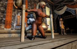 Rule 34 | armor, bdsm, bikini, blonde hair, bondage, bound, breasts, defeat, dinglejuice, doggystyle, elf, fantasy, forced, freckles, goblin, highres, huge breasts, large breasts, muscular, pointy ears, riekling, sex, sex from behind, sexually suggestive, the elder scrolls v: skyrim, swimsuit, tan, tattoo