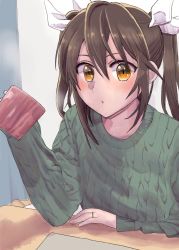 Rule 34 | 1girl, :o, blush, bow, brown hair, commentary request, cup, curtains, fingernails, green sweater, hair between eyes, hair bow, highres, indoors, jewelry, kantai collection, long sleeves, looking at viewer, orange eyes, parted lips, ring, solo, sweater, table, tone (kancolle), twintails, wedding band, white bow, yami (m31)