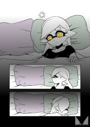 Rule 34 | + +, 1girl, bed, bed sheet, brown eyes, chichi band, closed eyes, closed mouth, comic, hair down, inkling, light frown, lying, marie (splatoon), mask, mole, mole under eye, nintendo, on back, pillow, pointy ears, shirt, silent comic, solo, spot color, t-shirt, tentacle hair, watermark