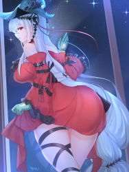 Rule 34 | 1girl, arknights, bare shoulders, black ribbon, blue gloves, blue headwear, breasts, chinese commentary, commentary request, cowboy shot, detached sleeves, dress, female focus, gloves, highres, large breasts, leg ribbon, lingshalan, long hair, long sleeves, official alternate costume, parted lips, red dress, red eyes, ribbon, short dress, silver hair, skadi (arknights), skadi the corrupting heart (arknights), sky, solo, standing, star (sky), starry sky, thighs, very long hair, wide sleeves