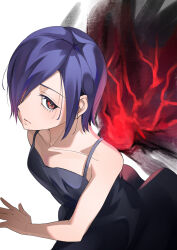 Rule 34 | 1girl, absurdres, bare arms, bare shoulders, black dress, breasts, closed mouth, collarbone, dress, hair over one eye, highres, kagune (tokyo ghoul), kirishima touka, pote to, red eyes, red wings, short hair, simple background, small breasts, solo, tokyo ghoul, white background, wings
