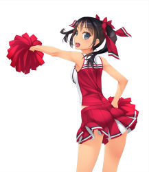 Rule 34 | 1girl, :d, ass, bare shoulders, black hair, blue eyes, blush, breasts, cheerleader, crop top, f-ism, from behind, hair ribbon, highres, long hair, looking at viewer, looking back, medium breasts, murakami suigun, open mouth, original, pom pom (cheerleading), ribbon, skirt, sleeveless, smile, solo, sweat, twintails