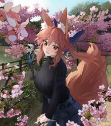 Rule 34 | 3girls, absurdres, animal ear fluff, animal ears, backpack, bag, braid, breasts, cherry blossoms, day, fangs, fate/apocrypha, fate/extra, fate/grand order, fate (series), fence, fox ears, fox girl, fox tail, grass, green eyes, headpiece, highres, jack the ripper (fate/apocrypha), large breasts, multiple girls, nursery rhyme (fate), obazzotto, outdoors, pink hair, ribbed sweater, river, skirt, smile, sweater, tail, tamamo (fate), tamamo no mae (fate/extra), twin braids, white hair, yellow eyes