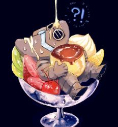 Rule 34 | !?, 1other, akamtvahosi, ambiguous gender, black footwear, black gloves, black jacket, black pants, blue background, boots, cherry, chibi, covered face, cup, dessert, food, fruit, gloves, helm, helmet, highres, in container, in cup, in food, jacket, long sleeves, made in abyss, orange (fruit), other focus, pants, pouring, pudding, simple background, solo, strawberry, strawberry slice