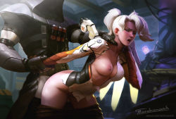 Rule 34 | 1boy, 1girl, arm held back, blurry, blurry background, breasts, closed eyes, clothed sex, clothes pull, coat, doggystyle, grabbing, grabbing from behind, hetero, high ponytail, highres, holding another&#039;s wrist, hood, long sleeves, makeup, manly, mercy (overwatch), nipples, open mouth, overwatch, overwatch 1, pants, pants pull, patreon username, ponytail, rape, reaper (overwatch), revision, sex, sex from behind, shaded face, shadow, short ponytail, signature, single wing, standing, tarakanovich, tongue, torn clothes, trench coat, watermark, web address, white hair, wings