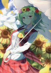 Rule 34 | 1girl, absurdres, ascot, blue sky, blurry, blurry background, blush, breasts, cloud, collared shirt, cowboy shot, day, flower, flower wreath, garden of the sun, green hair, hair between eyes, hand in own hair, head wreath, highres, holding, holding umbrella, igayan, kazami yuuka, light, long sleeves, looking at viewer, medium breasts, open clothes, open vest, parasol, petals, plaid, plaid skirt, plaid vest, red eyes, red skirt, red vest, scan, shirt, short hair, skirt, skirt set, sky, slit pupils, smile, solo, sunflower, touhou, umbrella, vest, wind, wreath