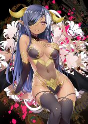 Rule 34 | 1girl, 47agdragon, arm support, bare shoulders, black thighhighs, black wings, blue hair, breasts, demon girl, detached sleeves, eyepatch, flower, gluteal fold, hand on own chest, highres, horns, leotard, long hair, looking at viewer, low wings, medium breasts, navel, pink eyes, pointy ears, revealing clothes, see-through, smile, solo, swept bangs, thighhighs, wings