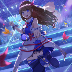 Rule 34 | 1girl, :d, absurdres, ankimo (tokino sora), ankle boots, bare arms, bare shoulders, blouse, blue eyes, blue footwear, blue ribbon, blue skirt, blue thighhighs, blue vest, blush, boots, bracelet, brown eyes, brown hair, collared shirt, diamond hair ornament, fake tail, from behind, glowstick, hair flaps, hair ornament, hair ribbon, hairclip, haru yu, high heel boots, high heels, highres, holding, holding microphone, hololive, huge filesize, idol, jewelry, leg ribbon, long hair, looking at viewer, microphone, miniskirt, neck ribbon, open mouth, pleated skirt, rabbit tail, red ribbon, ribbon, shirt, skirt, sleeveless, sleeveless shirt, smile, solo, stage, star (symbol), star hair ornament, tail, teeth, thigh ribbon, thighhighs, tokino sora, tokino sora (1st costume), twisted torso, upper teeth only, vest, virtual youtuber, waist cape, white shirt, winged footwear, wrist cuffs, zettai ryouiki