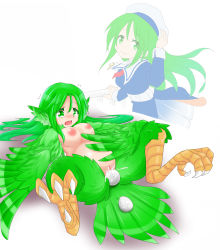 Rule 34 | 1girl, animal ears, azenmei, before and after, bird ears, bird legs, bird tail, blush, breasts, commentary request, cross, cross necklace, crying, egg, egg laying, feathered wings, green eyes, green hair, green wings, hair between eyes, harpy, jewelry, large breasts, long hair, monster girl, monsterification, multiple views, necklace, nipples, open mouth, original, pregnant, pussy, school uniform, serafuku, simple background, tail, talons, white background, winged arms, wings