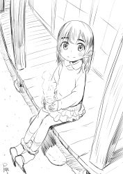 Rule 34 | 1girl, child, cup, female focus, looking at viewer, monochrome, no panties, original, outdoors, panties, panties around ankles, panty pull, porch, satsuyo, shoe dangle, sitting, skirt, smile, solo, underwear