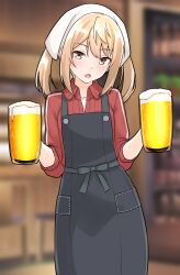 Rule 34 | 1girl, alcohol, apron, beer, beer mug, black apron, blonde hair, blurry, blurry background, brown eyes, commentary request, cup, furaggu (frag 0416), highres, holding, holding cup, indoors, izakaya, jacket, kantai collection, long hair, looking at viewer, michishio (kancolle), mug, red jacket, sleeves rolled up, solo, track jacket, twintails