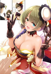 Rule 34 | ..., 1boy, 1girl, :d, ?, black gloves, blue eyes, blush, breast slip, breasts, censored, cleavage, commentary request, convenient censoring, double v, downblouse, dress, from above, gloves, green eyes, green hair, heterochromia, highres, idolmaster, idolmaster cinderella girls, idolmaster cinderella girls starlight stage, large breasts, mk (mod0), mole, mole under eye, no bra, open mouth, pov, pov hands, producer (idolmaster), red dress, smile, solo focus, speech bubble, spoken ellipsis, sweat, takagaki kaede, tilted headwear, v, wardrobe malfunction