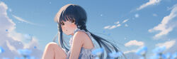 Rule 34 | 1girl, :o, absurdres, blue flower, blue sky, blurry, blurry foreground, blush, cloud, commentary request, depth of field, dress, floating hair, flower, highres, idolmaster, idolmaster million live!, kitakami reika, knees up, long hair, outdoors, paiki0517, sitting, sky, sleeveless, sleeveless dress, solo, twintails, very long hair, white dress, yellow eyes