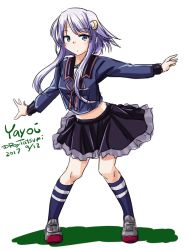Rule 34 | 10s, 1girl, black serafuku, character name, crescent, crescent hair ornament, dated, full body, hair ornament, kantai collection, long sleeves, midriff, outstretched arms, pleated skirt, purple hair, school uniform, serafuku, short hair with long locks, sidelocks, simple background, skirt, solo, standing, tatsumi ray, twitter username, white background, yayoi (kancolle)