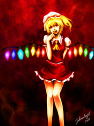 Rule 34 | 1girl, arm behind back, bad id, bad pixiv id, blonde hair, blood, blood from mouth, crystal, embodiment of scarlet devil, fang, female focus, finger in own mouth, flandre scarlet, frilled skirt, frills, glowing, gradient background, hat, head tilt, johnalay, miniskirt, mob cap, red background, red eyes, red skirt, side ponytail, signature, skirt, skirt set, smile, solo, standing, tongue, touhou, wings