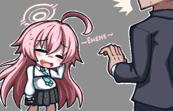 Rule 34 | 1boy, 1girl, ahoge, average-hanzo, blue archive, blush, business suit, chibi, closed eyes, fang, fingerless gloves, formal, gloves, grey background, grey skirt, halo, head out of frame, hoshino (blue archive), long hair, long sleeves, necktie, open mouth, outline, pink hair, pleated skirt, pregnant, shirt, simple background, skirt, smile, suit, sweatdrop, white outline, white shirt
