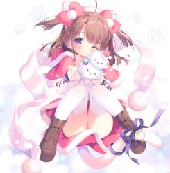 Rule 34 | 1girl, ;), ahoge, animal ears, aran sweater, blue bow, blush, boots, bow, brown footwear, brown hair, cable knit, capelet, cat ears, cat girl, cat hair ornament, cat tail, closed mouth, commentary request, convenient censoring, cross-laced footwear, fake animal ears, full body, fur-trimmed capelet, fur-trimmed skirt, fur trim, hair bow, hair ornament, hands up, highres, hood, hood down, hooded jacket, jacket, knees together feet apart, knees up, lace-up boots, long hair, looking at viewer, one eye closed, original, pink bow, piyodera mucha, purple eyes, red capelet, red skirt, scarf, skirt, smile, solo, striped, striped bow, sweater, tail, tail bow, tail ornament, thighhighs, two side up, white scarf, white sweater, white thighhighs