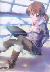 Rule 34 | 1girl, absurdres, blue eyes, blush, boots, coat, female focus, hair ribbon, highres, open mouth, original, outdoors, pantyhose, ribbon, scarf, short hair, short twintails, sitting, skirt, snow, solo, takoyaki (roast), twintails, wink, winter