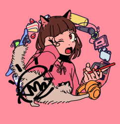 1girl airpods animal_ears boombox brown_hair cake cake_slice can cassette_tape cat cat_ears cat_girl cellphone character_signature commentary_request cropped_torso drink_can food hand_up headphones headphones_removed holding holding_phone hood hood_down hoodie ken_sogen kmnz liz_(kmnz) long_sleeves looking_at_viewer microphone one_eye_closed phone pink_background pink_eyes pink_hoodie rubbing_eyes short_hair simple_background skateboard smartphone solo tamagotchi tearing_up tied_drawstring upper_body virtual_youtuber wireless_earphones